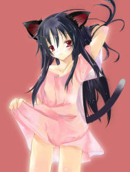 Rule 34 | 1girl, animal ears, arm behind back, black hair, cat ears, clothes lift, lifting own clothes, long hair, simple background, skirt, skirt lift, solo