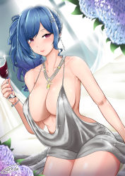 Rule 34 | 1girl, absurdres, azur lane, backless dress, backless outfit, bare shoulders, blue hair, blue nails, blush, bracelet, breasts, cleavage, closed mouth, curtains, dress, dutch angle, earrings, evening gown, flower, grey dress, hair ornament, hairclip, halter dress, halterneck, highres, hydrangea, indoors, jewelry, large breasts, looking to the side, nail polish, necklace, pink eyes, plunging neckline, revealing clothes, shinkai toro, side ponytail, sidelocks, silver dress, sitting, st. louis (azur lane), st. louis (luxurious wheels) (azur lane), thighs, window