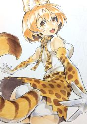 Rule 34 | 10s, 1girl, :3, absurdres, animal ears, ass, belt, black belt, blonde hair, blouse, blush stickers, bow, bowtie, commentary, cowboy shot, elbow gloves, extra ears, fang, foreshortening, from behind, gloves, high-waist skirt, highres, kemono friends, kuma (jk0073), looking at viewer, looking back, open mouth, panties, pantyshot, print bow, print bowtie, print gloves, print neckwear, print skirt, serval (kemono friends), serval print, serval tail, shirt, shirt tucked in, skirt, sleeveless, sleeveless shirt, smile, solo, standing, striped tail, tail, underwear, white panties, white shirt, yellow eyes