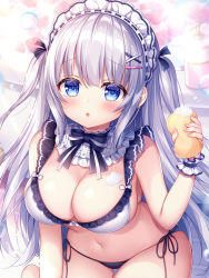 Rule 34 | 1girl, bare shoulders, black panties, bow, bowtie, bra, breasts, cleavage, cowboy shot, detached collar, frills, front-tie bra, hair ornament, hair ribbon, hairclip, hand up, holding, large breasts, leaning forward, long hair, looking at viewer, maid headdress, mitsuba choco, navel, original, panties, ribbon, side-tie panties, silver hair, solo, stomach, string panties, thigh gap, thighs, two side up, underwear, very long hair, white bra, wrist cuffs, x hair ornament