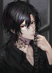 Rule 34 | 1boy, bishounen, black hair, black shirt, chain, chain leash, collared shirt, earrings, expressionless, highres, indoors, jewelry, leash, light rays, looking at viewer, makura wet, male focus, original, rain, red eyes, shirt, short hair, solo, tattoo, tattoo on neck