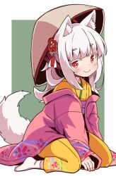 Rule 34 | 1girl, absurdres, ajirogasa, albino, animal ears, closed mouth, commentary request, flower, full body, hair flower, hair ornament, hands on floor, haori, hat, highres, jacket, japanese clothes, kimono, light blush, long hair, looking at viewer, no shoes, off shoulder, original, pink jacket, red eyes, simple background, sitting, smile, socks, solo, tail, wariza, white hair, white socks, white tail, yellow kimono, yukinagi