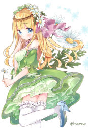 Rule 34 | 1girl, blonde hair, blue bow, blue eyes, blue footwear, blush, bow, breasts, closed mouth, commentary request, dress, flower, frilled hairband, frilled thighhighs, frills, green dress, hair flower, hair ornament, hair ribbon, hairband, hand up, high heels, holding, holding flower, long hair, looking at viewer, looking back, medium breasts, off-shoulder dress, off shoulder, original, personification, pink ribbon, puffy short sleeves, puffy sleeves, ribbon, rougetsu, short sleeves, solo, standing, standing on one leg, thighhighs, twitter username, very long hair, white background, white flower, white thighhighs