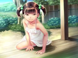 Rule 34 | 1girl, arm support, artist request, bare shoulders, brown eyes, brown hair, child, dress, fang, female focus, game cg, hair bobbles, hair ornament, in&#039;en, looking at viewer, short twintails, shouji suzuka, solo, sundress, twintails, white dress