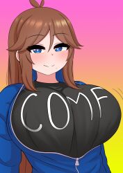 Rule 34 | 1girl, absurdres, blue eyes, blush, breasts, brown hair, closed mouth, clothes writing, english text, gradient background, highres, huge breasts, long hair, looking at viewer, mole, mole under mouth, motion lines, original, simple background, smile, solo, standing, the only shoe, tisha tsuu