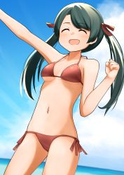 Rule 34 | 1girl, alternate breast size, arm up, beach, bikini, black hair, blue sky, breasts, cloud, commentary request, cowboy shot, day, closed eyes, highres, horizon, kantai collection, long hair, mikuma (kancolle), open mouth, outdoors, red bikini, side-tie bikini bottom, sky, small breasts, smile, solo, standing, string bikini, swimsuit, twintails, yotubawatane