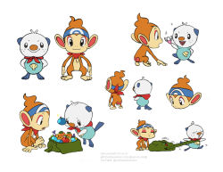 Rule 34 | berry (pokemon), blue headband, chimchar, closed mouth, commentary, creatures (company), do9bessa, english commentary, game freak, gen 4 pokemon, gen 5 pokemon, green bag, headband, holding, nintendo, no humans, oshawott, pokemon, pokemon (creature), pokemon mystery dungeon, red neckwear, simple background, smile, sparkle, standing, toes, white background