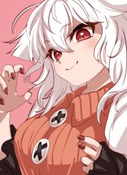 Rule 34 | 1girl, ameyu (rapon), animal ears, breasts, cat ears, cat girl, claw pose, highres, large breasts, medium hair, open clothes, original, pink background, red eyes, simple background, sweater, white hair