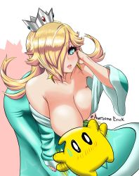 Rule 34 | 1girl, absurdres, armpit crease, armpit peek, artist name, awesomeerix, bare shoulders, bent over, black sclera, blonde hair, blue dress, blue eyes, blush, breast slip, breasts, bright pupils, censored nipples, cleavage, collarbone, colored sclera, convenient censoring, crown, dress, dutch angle, earrings, eyelashes, feet out of frame, flailing, hair over one eye, hand in own hair, hand on own knee, hand up, hanging breasts, highres, jewelry, large breasts, leaning forward, lips, long dress, long hair, looking at viewer, luma (mario), mario (series), motion lines, nail polish, nintendo, no bra, off-shoulder dress, off shoulder, one breast out, open mouth, pink lips, purple nails, rosalina, shadow, simple background, star-shaped pupils, star (symbol), star earrings, star print, super mario galaxy, sweatdrop, symbol-shaped pupils, teeth, twitter username, upper teeth only, white background, white pupils, wide sleeves