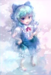 Rule 34 | 1girl, amo (shibu3), barefoot, blue eyes, blue hair, bow, cirno, full body, hair bow, hand on own hip, highres, ice, ice wings, matching hair/eyes, open mouth, solo, sparkle, touhou, wavy hair, wings