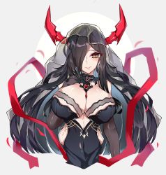 Rule 34 | 1girl, azur lane, black dress, black gloves, black hair, black veil, blush, breasts, bridal veil, brooch, brown eyes, cleavage, dress, elbow gloves, friedrich der grosse (azur lane), friedrich der grosse (zeremonie of the cradle) (azur lane), gloves, hair over one eye, highres, horns, jewelry, kive, large breasts, long hair, looking at viewer, official alternate costume, red horns, simple background, smile, solo, veil, wedding dress, white background