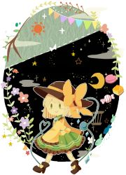 Rule 34 | 1girl, absurdres, black footwear, blouse, blush stickers, bow, branch, candy, commentary request, crescent moon, day and night, fish, flower, food, frilled skirt, frilled sleeves, frills, green eyes, green hair, green skirt, hat, hat bow, hat ribbon, heart, heart of string, highres, komeiji koishi, leaf, long sleeves, macaron, moon, moyo (amaniwa), ribbon, shell, shirt, skirt, sleeves past fingers, sleeves past wrists, smile, solo, sparkle, star (symbol), string of flags, sun, sweets, third eye, touhou, wide sleeves, yellow shirt
