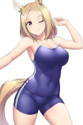 Rule 34 | 1girl, ;), animal ears, arm up, armpits, blonde hair, blue one-piece swimsuit, blue shorts, breasts, competition school swimsuit, covered navel, cowboy shot, ear ornament, gem, head tilt, highres, horse ears, horse girl, horse tail, large breasts, looking at viewer, medium hair, narita top road (umamusume), one-piece swimsuit, one eye closed, parted bangs, pataneet, school swimsuit, shorts, simple background, smile, solo, spaghetti strap, swimsuit, tail, thighs, umamusume, white background
