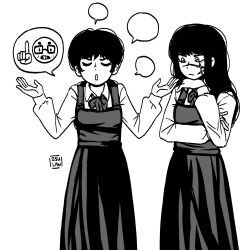 Rule 34 | 2girls, black hair, black ribbon, chainsaw man, closed eyes, collared shirt, cross scar, crossed arms, dress, facial scar, greyscale, hand on own chin, highres, long hair, looking at another, meme, mitaka asa, monochrome, multiple girls, neck ribbon, nerd emoji, open mouth, osulan, pinafore dress, ribbon, scar, scar on cheek, scar on face, shirt, simple background, sleeveless dress, twintails, white background, white shirt, yoru (chainsaw man)