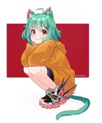 Rule 34 | 1girl, :3, ahoge, animal ear fluff, animal ears, anthony wang (brand), blush, cat ears, cat girl, cat tail, commentary, english commentary, from side, girl dm, green hair, gremlinbon, hair ornament, hairclip, heart, heart ahoge, heart hair, highres, hood, hoodie, indie virtual youtuber, looking at viewer, orange hoodie, shoes, sleeves past fingers, sleeves past wrists, sneakers, solo, squatting, tail, virtual youtuber