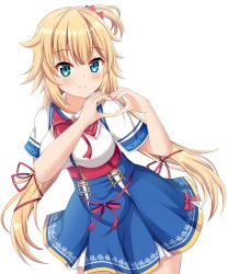 Rule 34 | 1girl, absurdres, akai haato, akai haato (1st costume), blonde hair, blue eyes, blue skirt, blush, breasts, closed mouth, collared shirt, commentary request, dress shirt, hair ornament, hair ribbon, hands up, heart, heart hair ornament, heart hands, highres, hololive, koyuki (azumaya999), long hair, medium breasts, nail polish, one side up, pleated skirt, red ribbon, ribbon, shirt, short sleeves, simple background, skirt, smile, solo, striped, very long hair, virtual youtuber, white background, white shirt