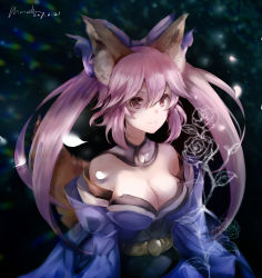 Rule 34 | 10s, animal ears, breasts, cleavage, collarbone, detached sleeves, fate/extra, fate/grand order, fate (series), fox ears, fox tail, hair ribbon, highres, japanese clothes, kleinlight, large breasts, looking afar, pink hair, red eyes, ribbon, solo, tail, tamamo no mae (fate/extra)