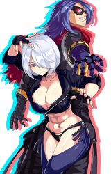 Rule 34 | 1boy, 1girl, 2022, abs, absurdres, angel (kof), blue hair, breasts, goggles, hair over one eye, highres, krohnen, large breasts, mechanical arms, momorikihana, single mechanical arm, the king of fighters, white background, white hair