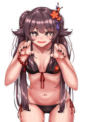 Rule 34 | 1girl, absurdres, bikini, black nails, blush, breasts, brown hair, flat chest, flower, genshin impact, highres, hu tao (genshin impact), looking at viewer, medium breasts, nail polish, navel, open mouth, red eyes, simple background, solo, star-shaped pupils, star (symbol), swimsuit, symbol-shaped pupils, tabunshake, twintails, white background