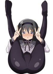 Rule 34 | 1girl, :o, akemi homura, anus, anus visible through clothes, ass, black hair, blue eyes, blush, cameltoe, double v, feet, female focus, hairband, highres, holding legs, legs, legs up, long sleeves, looking at viewer, lying, mahou shoujo madoka magica, mangos0086, no shoes, on back, cameltoe, sidelocks, simple background, sitting, solo, spread legs, thighs, v, white background