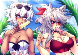 Rule 34 | 2girls, animal ears, bare shoulders, blue eyes, breasts, cleavage, crescentia fortuna, deathblight, eating, esmoda (deathblight), ferania (deathblight), fingernails, food, ice cream, large breasts, licking, lipstick, long fingernails, long hair, makeup, midriff, multiple girls, nail polish, ocean, palm tree, ponytail, red eyes, revealing clothes, sexually suggestive, short hair, sky, strapless, surprised, tank top, tongue, tongue out, torn clothes, tree, white hair