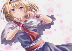 Rule 34 | 1girl, absurdres, alice margatroid, blonde hair, blue dress, blue eyes, blue nails, blush, breasts, capelet, closed mouth, dress, frills, hairband, heart, heart hands, highres, huge filesize, lolita hairband, looking at viewer, medium breasts, nail polish, pink background, red hairband, red neckwear, red sash, resolution mismatch, sash, shiranui (wasuresateraito), short hair, simple background, smile, solo, source smaller, touhou, upper body, white background, white capelet, wrist cuffs