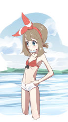 Rule 34 | 1girl, bare legs, bare shoulders, bikini, bikini top only, blue eyes, blush, breasts, brown hair, cloud, creatures (company), day, game freak, hairband, hand on own hip, highres, may (pokemon), may (pokemon oras), navel, nintendo, ocean, partially submerged, pokemon, pokemon oras, red bikini, short shorts, shorts, simple background, sky, small breasts, solo, standing, swimsuit, wading, water, white background, white shorts, yamamoto orz
