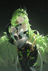 Rule 34 | 1girl, backless outfit, black bridal gauntlets, black dress, black pantyhose, breasts, bridal gauntlets, claws, collar, crown, crown hair ornament, dress, earrings, green hair, grey eyes, highres, honkai (series), honkai impact 3rd, jewelry, lettereast, light particles, long hair, looking at viewer, medium breasts, metal, mobius (honkai impact), naughty face, night, night sky, open clothes, pantyhose, simple background, sky, slit pupils, smile, snake girl, solo, spiked collar, spikes, star (symbol), starry background, very long hair, white dress