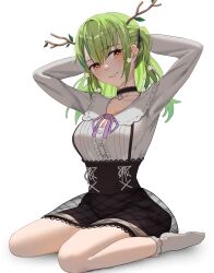 Rule 34 | 1girl, absurdres, antlers, arms behind head, blouse, breasts, ceres fauna, ceres fauna (jirai kei), choker, cleavage, cleavage cutout, clothing cutout, collarbone, full body, green hair, high-waist skirt, highres, hololive, hololive english, horns, large breasts, leaf, long hair, long sleeves, official alternate costume, orange eyes, shirt, simple background, sitting, skirt, solo, tanac mangi, virtual youtuber, wariza, white background, white shirt