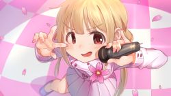 Rule 34 | 1girl, absurdres, blonde hair, blush, brown eyes, flower, futaba anzu, highres, holding, holding microphone, idolmaster, idolmaster cinderella girls, kamille (vcx68), kira! mankai smile, long hair, long sleeves, looking at viewer, microphone, open mouth, pink skirt, skirt, smile, solo, twintails, v, v over eye