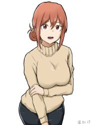 Rule 34 | 1girl, absurdres, bow, breasts, calendarv, denim, hair bow, highres, jeans, looking at viewer, mature female, open mouth, orange eyes, orange hair, pants, short hair, simple background, solo, sweater, turtleneck, turtleneck sweater, white background, yahari ore no seishun lovecome wa machigatteiru., yuigahama yui&#039;s mother