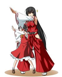 Rule 34 | 2girls, antenna hair, black hair, bow, breasts, brown eyes, detached sleeves, full body, hair bow, hair tubes, hakurei reimu, height difference, japanese clothes, large breasts, loafers, long hair, m.u.g.e.n, miko, multiple girls, nontraditional miko, original, pigeon-toed, samuimu, sandals, scar, sendai hakurei no miko, shoes, skirt, sparkle, sweatdrop, tabi, tiptoes, touhou, transparent background, very long hair, wide sleeves