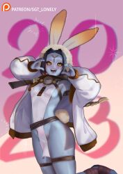 Rule 34 | 1girl, 2023, alien, animal ears, belt, blue lips, blue skin, breasts, chinese new year, chinese zodiac, colored skin, commentary, covered erect nipples, down jacket, english commentary, fake animal ears, fewer digits, highres, jacket, jumping, no bra, no nose, no panties, orange eyes, pelvic curtain, petite, rabbit ears, sgt lonely, sharp teeth, short hair, sideboob, small breasts, solid eyes, solo, t&#039;au, teeth, thigh strap, warhammer 40k, white jacket, year of the rabbit