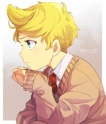 Rule 34 | 1boy, artist name, blonde hair, blue eyes, border, brown sweater, closed mouth, collared shirt, commentary request, expressionless, grey background, hand up, head rest, lucas (mother 3), male focus, mimxxpk, mother (game), mother 3, necktie, nintendo, outside border, profile, quiff, red necktie, school uniform, shirt, short hair, simple background, sleeves past wrists, solo, sweater, twitter username, upper body, white border, white shirt, wing collar
