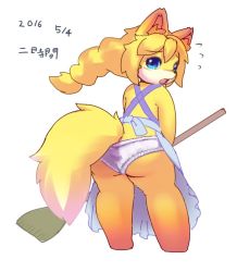 Rule 34 | 1girl, ass, blue eyes, broom, dog, female focus, from behind, furry, furry female, long hair, looking back, ni jikan, open mouth, panties, ponytail, simple background, solo, underwear, white background