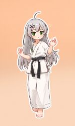 Rule 34 | 1girl, absurdres, ahoge, arms up, barefoot, belt, black belt, brown background, chinese commentary, colored tips, commentary request, dougi, flying sweatdrops, full body, green eyes, green hair, grey hair, highres, kuma-bound, looking at viewer, martial arts belt, multicolored hair, original, pants, simple background, solo, standing, toes, two-tone hair, white pants