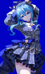 Rule 34 | 1girl, absurdres, ahoge, arms up, ascot, belt, beret, blue ascot, blue background, blue belt, blue choker, blue eyes, blue hair, blue ribbon, choker, dress, frilled dress, frills, gloves, grey dress, grey hat, hair between eyes, hair ribbon, hat, highres, hololive, hoshimachi suisei, hoshimachi suisei (1st costume), long hair, long sleeves, looking away, parted lips, partially fingerless gloves, pension z, plaid, plaid dress, plaid headwear, ribbon, side ponytail, solo, star (symbol), star in eye, symbol in eye, thigh strap, virtual youtuber