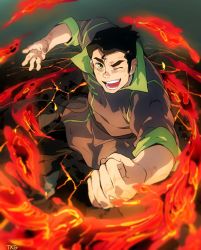 Rule 34 | 1boy, ;d, artist name, avatar legends, blue hair, bolin, bruise, bruise on face, clenched hand, eyebrows, green eyes, injury, male focus, lava, one eye closed, open mouth, popped collar, smile, solo, spoilers, t k g, the legend of korra, thick eyebrows