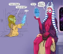 Rule 34 | 1boy, 2girls, age difference, alien, black eyes, breasts, brown cape, brown hair, cape, cleavage, colored skin, cunnilingus, english text, facial mark, femdom, flick, flick-the-thief, green eyes, green skin, hologram, holographic interface, interspecies, jedi, kneeling, lekku (anatomy), medium breasts, multiple girls, open clothes, open mouth, open robe, oral, pointy ears, purple robe, red skin, robe, shaak ti, short hair, speech bubble, star wars, teacher and student, teeth, togruta, upper teeth only, yaddle, yellow robe