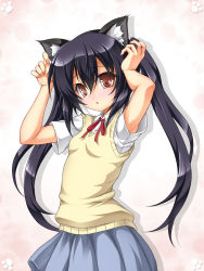 Rule 34 | 1girl, :o, animal ears, armpits, arms up, black hair, brown hair, cat ears, k-on!, kemonomimi mode, long hair, nakano azusa, paw print, roura, school uniform, skirt, solo, sweater vest, twintails, white background