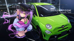 Rule 34 | 1girl, abarth, abarth 595, absurdres, bibi (tokoyami towa), black headwear, blush, car, city lights, closed mouth, commentary, cowboy shot, demon tail, ear piercing, fake horns, fangs, fangs out, floating hair, from behind, green eyes, hair between eyes, hair ornament, hairclip, headphones, headphones around neck, highres, hololive, horned headwear, horns, indoors, jacket, long hair, long sleeves, looking at viewer, looking back, motor vehicle, multicolored hair, nail polish, off shoulder, piercing, pink hair, purple hair, skin fangs, smile, solo, standing, tail, tail ornament, tail piercing, tokoyami towa, twintails, two-tone hair, virtual youtuber, watch, white jacket, window, wristwatch, you&#039;a