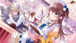Rule 34 | 2girls, apron, baking, baking sheet, bowl, brown hair, chocolate, cooking, counter, dutch angle, earrings, eyepatch, flower, food, food on face, glasses, green eyes, hair flower, hair ornament, holding, holding bowl, holding stuffed toy, indoors, jewelry, kisaragi ayane, kitchen, ladle, light brown hair, logo, long hair, mahjong soul, maid apron, maid headdress, medical eyepatch, mixing bowl, multiple girls, official art, official wallpaper, oven mitts, red-framed eyewear, rose, saine, shinomiya fuyumi, sleeping, spatula, stuffed animal, stuffed cat, stuffed toy, sweater, tongue, tongue out, vase, whisk, white flower, white rose, yellow sweater