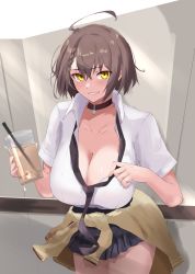 Rule 34 | 1girl, absurdres, azur lane, baltimore (after-school ace) (azur lane), baltimore (azur lane), beige sweater, black choker, black necktie, black skirt, blush, braid, breasts, brown hair, bubble tea, choker, cleavage, clothes around waist, collarbone, collared shirt, grin, highres, kasumi saika, large breasts, looking at viewer, loose necktie, necktie, official alternate costume, partially unbuttoned, revision, shirt, short hair, short sleeves, skirt, smile, solo, sweater, sweater around waist, thighs, tied sweater, white shirt, yellow eyes