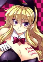 Rule 34 | 10s, 1girl, 2011, animal ears, blonde hair, body writing, bow, bowtie, breasts, checkered background, chinese zodiac, cleavage, detached collar, fake animal ears, female focus, gloves, happy new year, large breasts, long hair, looking at viewer, new year, playboy bunny, purple eyes, rabbit (chinese zodiac), rabbit ears, smile, solo, touhou, touya (the-moon), upper body, yakumo yukari
