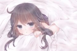Rule 34 | 10s, 1girl, ahoge, bad id, bad pixiv id, bebitera, black hair, expressionless, eyelashes, frilled pillow, frills, kantai collection, long hair, looking at viewer, lying, on stomach, pillow, pillow grab, grey eyes, solo, under covers, ushio (kancolle)
