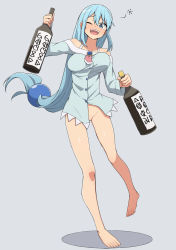 Rule 34 | 1girl, alcohol, aqua (konosuba), bare shoulders, barefoot, blue eyes, blue hair, blush, bottle, bottomless, breasts, buttons, collarbone, commentary request, drunk, kono subarashii sekai ni shukufuku wo!, large breasts, long hair, looking at viewer, no panties, one eye closed, open mouth, salpin, shiny skin, simple background, smile, solo, squeans, standing, teeth, upper teeth only, wine bottle