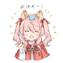 Rule 34 | 1girl, :d, ^ ^, animal, animal ear fluff, animal ears, animal on head, bird, blush, bow, capelet, closed eyes, commentary request, facing viewer, fang, frilled sleeves, frills, hair between eyes, hair bow, hood, hood down, hooded capelet, long sleeves, lowres, on head, open mouth, original, pink hair, red bow, red capelet, shirt, simple background, smile, solo, translation request, twintails, upper body, wataame27, white background, white shirt, wolf-chan (wataame27), wolf ears