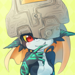 Rule 34 | 1girl, blonde hair, blush, breasts, colored sclera, fang, helmet, long hair, midna, neon trim, nintendo, one eye covered, pointy ears, red eyes, simple background, small breasts, smile, solo, the legend of zelda, the legend of zelda: twilight princess, ukata, upper body, yellow background, yellow sclera