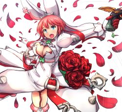 Rule 34 | 1girl, animal ears, blue eyes, breasts, rabbit ears, cleavage, cleavage cutout, clothing cutout, elphelt valentine, flower, garter straps, gloves, guilty gear, guilty gear xrd, highres, large breasts, open mouth, petals, pink hair, red flower, red rose, rose, rose petals, short hair, solo, spikes, sukesan