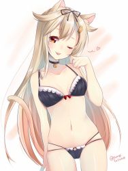 Rule 34 | 1girl, animal ears, bell, black bra, black panties, black ribbon, blonde hair, bra, cat ears, cat tail, choker, commentary request, cowboy shot, gradient hair, hair flaps, hair ribbon, highres, jingle bell, joujou, kantai collection, long hair, looking at viewer, messy hair, multicolored hair, navel, one-hour drawing challenge, one eye closed, panties, ribbon, solo, straight hair, tail, tongue, tongue out, twitter username, underwear, white background, yuudachi (kancolle), yuudachi kai ni (kancolle)